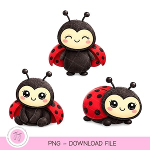 Può includere: Tre coccinelle dei cartoni animati con facce sorridenti e grandi occhi. Le coccinelle sono nere con ali rosse e pois neri. L'immagine include il testo "PNG - DOWNLOAD FILE".