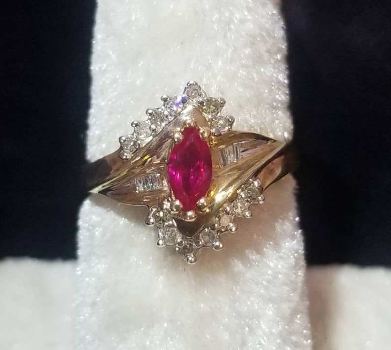 10K Gold Marquise Cut Ruby and Diamond CocktailStatement Ring