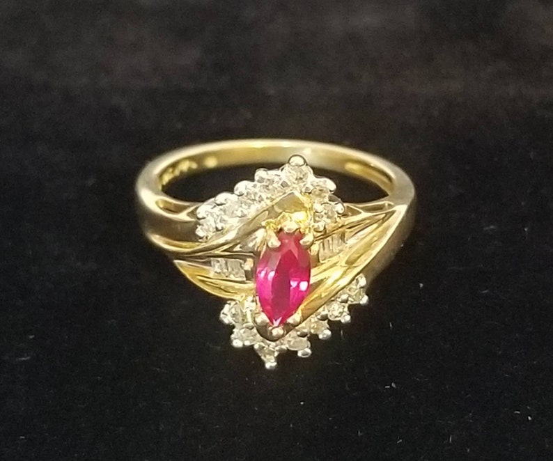 10K Gold Marquise Cut Ruby and Diamond CocktailStatement Ring