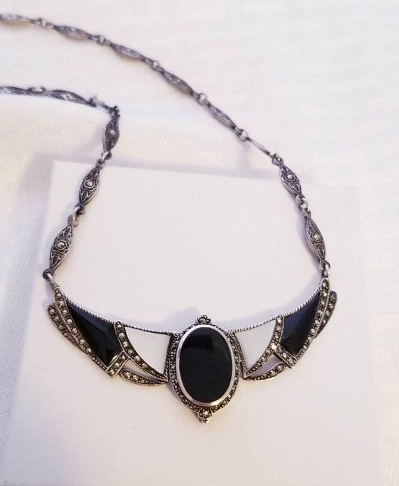 Onyx, Mother of Pearl, Marcasite and Silver Neckla