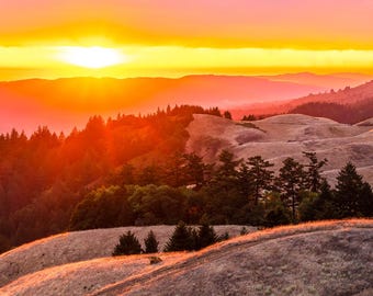 Bolinas Ridge Sunset Wall Art, Mt Tamalpais California Print, Golden Hour Landscape Photography, Rolling Hills Nature Home Decor