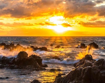 Golden Maui Sunset Beach Print, Hawaiian Coastal Wall Art, Ocean Waves, Tropical Paradise, Beach Decor, Coastal Decor Wall Art Print
