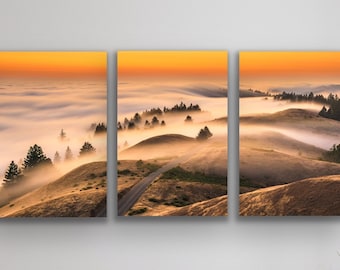 Mt. Tam Triptych Print Large Canvas Wall Art Nature Decor for Living Room Serene Mountain Landscape Ethereal Fog Photography