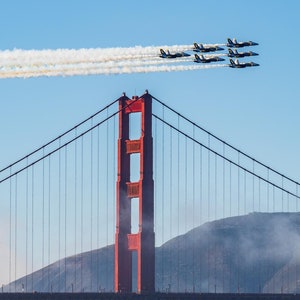 Grafika „Błękitne Anioły nad Mostem Golden Gate”, Tydzień Floty w San Francisco, Dekoracja ścienna z fotografią lotniczą, Prezent dla miłośnika lotnictwa