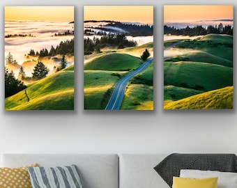 Tryptyk na płótnie Mt Tam • Trzyczęściowa grafika ścienna • Duży wieloczęściowy wydruk na płótnie • Wystrój domu i biura z krajobrazem Marin