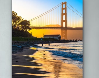 Golden Hour Photo at Golden Gate, Large Print of Golden Gate Bridge and Golden Sunset Reflections, San Francisco Wall Art, SF Bay Photo