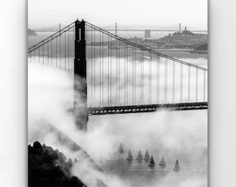 Black and White Golden Gate Bridge Print, Monochrome Wall Art, Sailboats in the Fog, San Francisco California Print, Vertical Photo