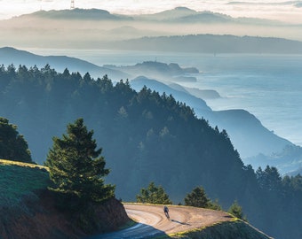 Stunning Mt. Tam View with Marin Headlands, San Francisco, Misty Coast and Cyclist - Fine Art Wall Decor Print