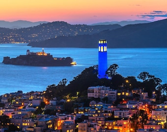 Coit Tower Print, San Francisco Wall Art, Telegraph Hill & Bay Photography, Iconic SF Landmark, Alcatraz and Skyline Decor