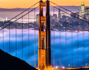 Golden Gate Bridge Wall Art, San Francisco Skyline at Sunrise Above Fog, Fine Art Photography Print