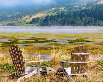 Relaxing Wall Decor, Serene Landscape, Tranquil Print, Adirondack Art, Scenic Photo of Chairs Overlooking Lagoon On A Misty Morning