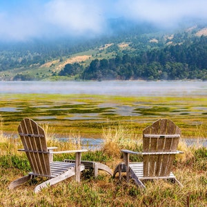 Relaxing Wall Decor, Serene Landscape, Tranquil Print, Adirondack Art, Scenic Photo of Chairs Overlooking Lagoon On A Misty Morning