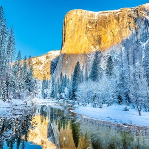 El Capitan Sunrise Reflections Print, Yosemite National Park Wall Art, Winter Snow Scene, Fine Art Photography, Beautiful Home Wall Decor