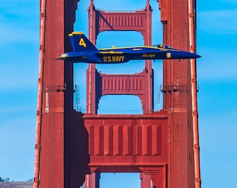 Blue Angels Jet Framed by Golden Gate Bridge – Military Aircraft Print, Aviation Wall Art, San Francisco Photography, Fighter Jet Art