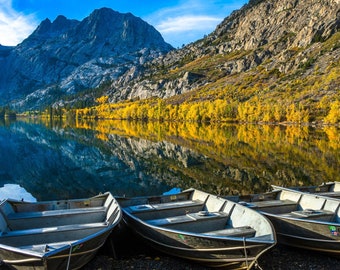 June Lake Loop Photo, Boats and Autumn Reflections, Mountain Wall Art, Sierra Nevada Mountain Fall Scenery, Fall Colors Photo