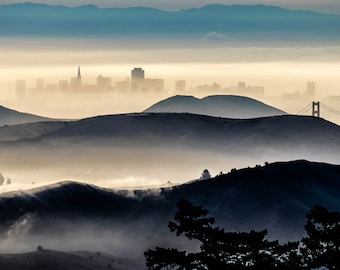 San Francisco Skyline Print over Marin Hills, Bay Area Wall Art, Foggy Coastal Landscape Photography, Scenic Home & Office Decor