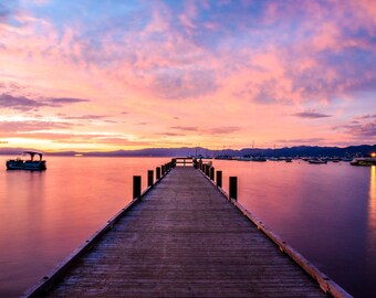 Lake Tahoe Pier Photo, Sunset Photography Print, Mountain Lake Photo, California Landscape Photography