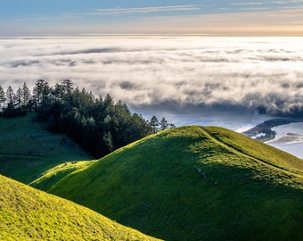 Mt Tam Landscape Digital Download - Printable Art Home Wall Decor -Marin County Green Hills Fog Above Stinson and Bolinas - Instant Print