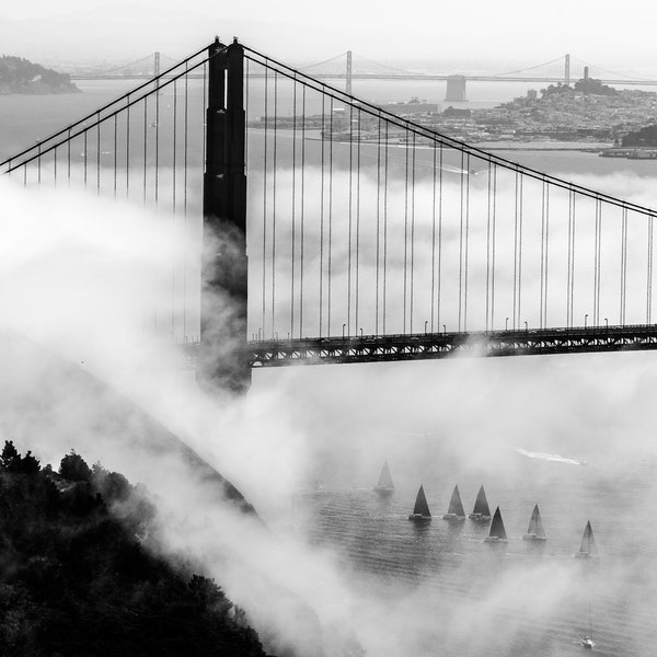 Golden Gate Bridge and Sailboats Wall Art, Black and White Photo, San Francisco Print, Horizontal Landscape Photo