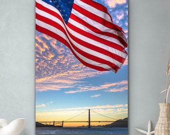 American Flag Wall Art, San Francisco Bay Print, Golden Gate Bridge Artwork, Patriotic Photo, America Flag Decor