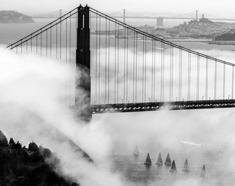 Golden Gate Bridge and Sailboats Wall Art, Black and White Photo, San Francisco Print, Horizontal Landscape Photo