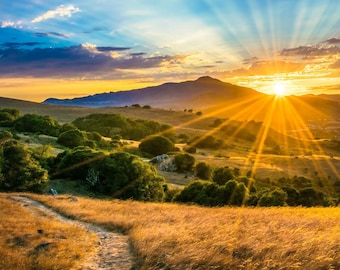 Goldene Stunde Mt. Tamalpais Sonnenuntergang Foto Marin County Hills Path and Radiant Light California Sunset Wall Art