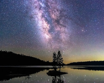 Milky Way Celestial Wall Art Print Cosmic Night Sky Photo Print Astronomy Inspired Wall Art Galaxy and Serene Lake Reflection Photography