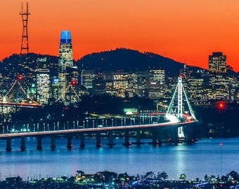 Twilight San Francisco Skyline Print, Sunset City Lights Photo, Bay Area Wall Art, California Skyline Panorama Decor Gift