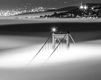 Black White Photography, Golden Gate Bridge and Fog Art, Night Photography, Dreamy Art Print, San Francisco Photo
