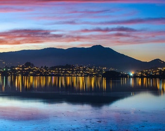 Mt. Tam Panoramic Print, San Francisco Bay Artwork, Mount Tamalpais & Tiburon at Twilight, Marin County Wall Decor