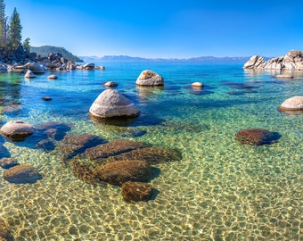 Lake Tahoe Panorama Print, Tahoe East Shore Wall Art, Beautiful Mountain Lake Photo, Lake House Decor