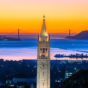 UC Berkeley Sather Tower Print, Campanile at Dusk with San Francisco Bay and Golden Gate Bridge View, Perfect Gift for UC Berkeley Alumni