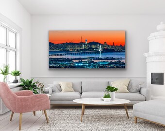 Twilight San Francisco Skyline Print, Sunset City Lights Photo