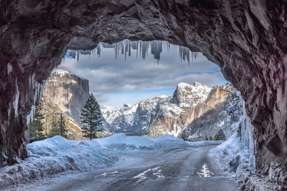 Yosemite Tunnel View Winter Photo, Snowy Landscape Print, Yosemite Valley Wall Art