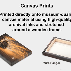 May include: Canvas print with a sunset scene, showing a 1.5 inch gallery wrap and a wire hanger on the back.