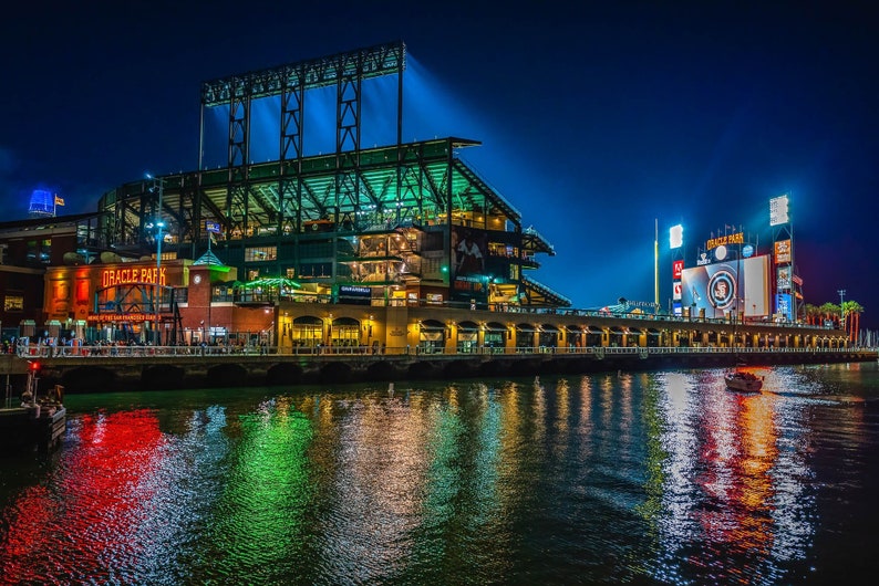 Oracle Park Night Print, San Francisco Giants Stadium Photo, Gift for Baseball Fans, McCovey Cove Ballpark Wall Art image 1