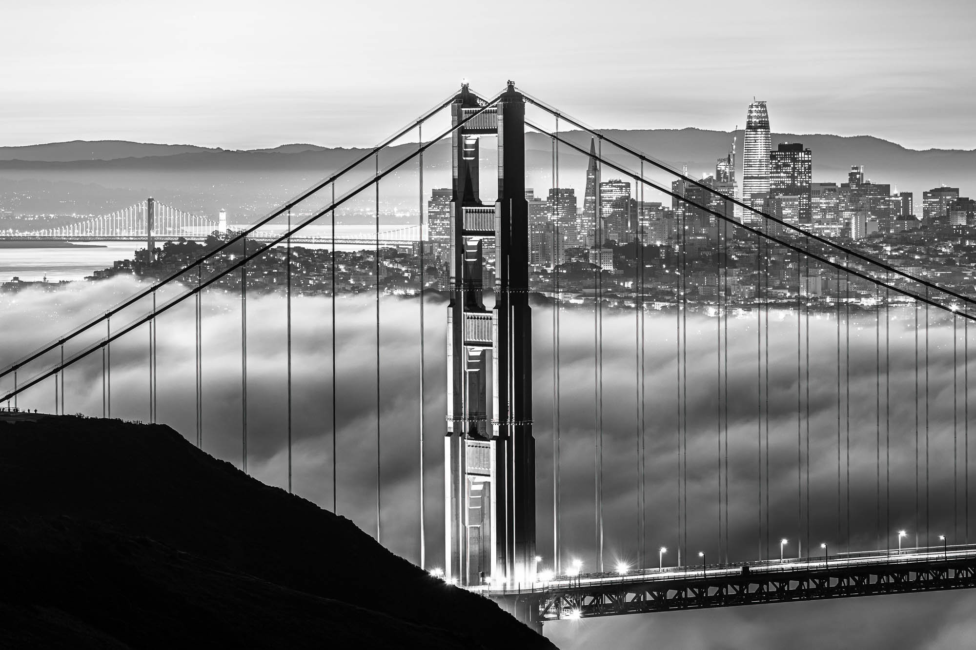 Black and White Print of Golden Gate Bridge, San Francisco City Skyline and Fog, Home Wall Decor, Fine Art Photography