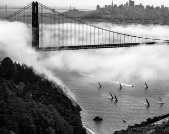 Sailboats and Golden Gate Bridge Print Black and White Wall Art San Francisco Bay Photo Sailboats in Mystical Fog