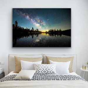 May include: A photograph of a starry night sky reflected in a still lake. The Milky Way is visible in the sky, and the trees on the shore are silhouetted against the light.