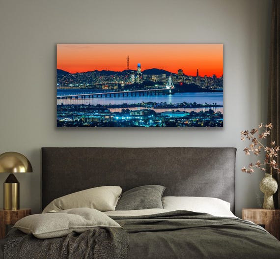 Twilight San Francisco Skyline Print, Sunset City Lights Photo