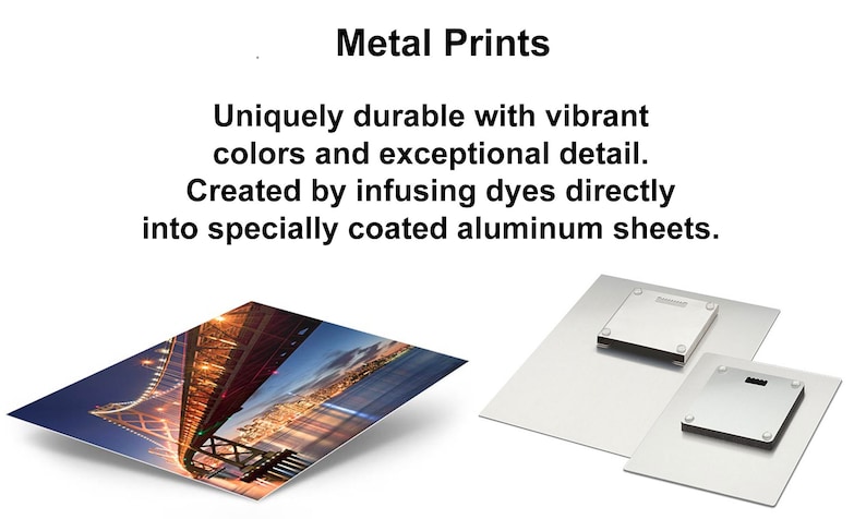 May include: Two metal prints, one with a nighttime cityscape and bridge, the other with a blank surface. Metal prints are uniquely durable with vibrant colors and exceptional detail. Created by infusing dyes directly into specially coated aluminum sheets.