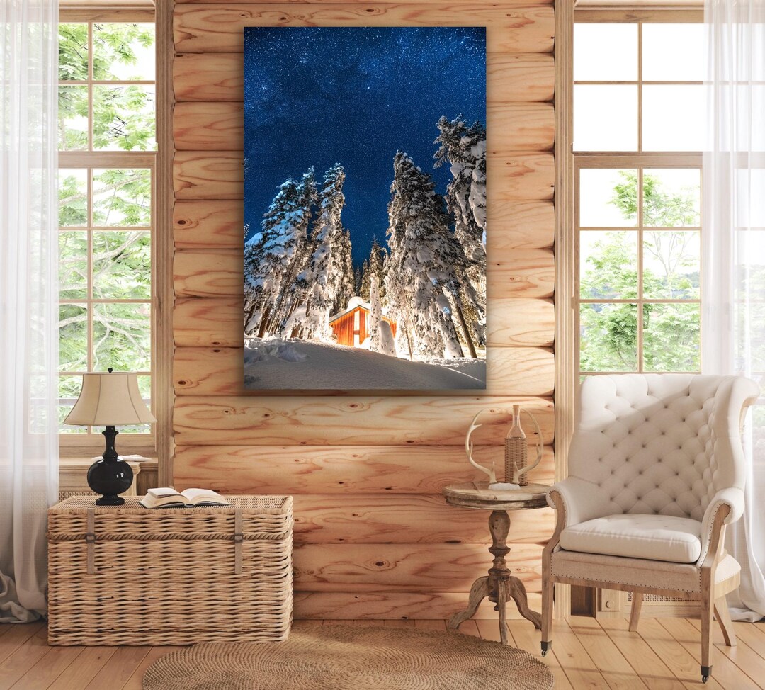 Magical Snowy Cabin Print, Starry Sky Winter Landscape, Fairytale