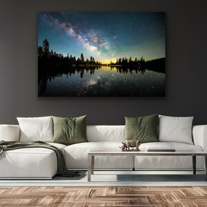 May include: A photograph of a lake reflecting the Milky Way at night. The lake is surrounded by trees and the sky is filled with stars.