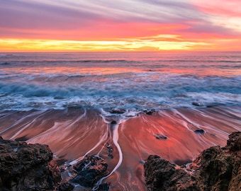 Sunset Seascape Photography Print – Ocean Waves, Beach Reflection Wall Art, Coastal Decor, Tranquil Beach Sunset Artwork