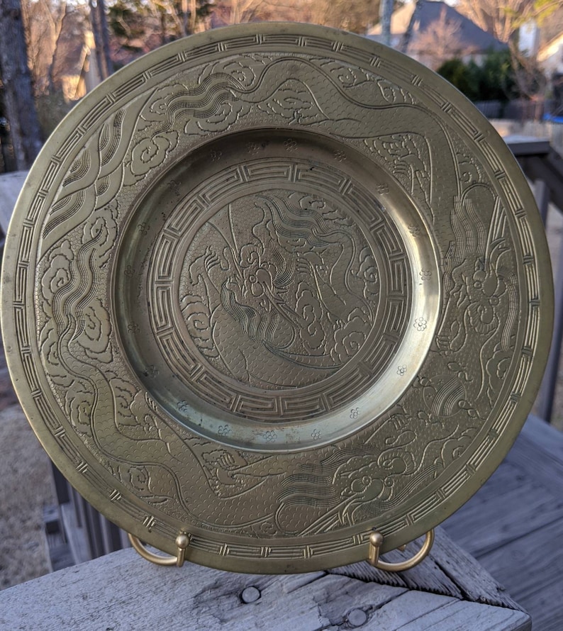 Ornate Vintage Heavy Antique Brass Plate/Charger with etched Etsy