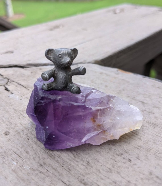 Natural Amethyst with pewter bear figurine. Home nursery Etsy