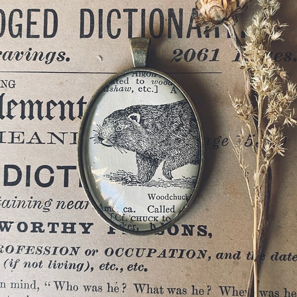 Woodchuck pendant - woodchuck necklace - woodchuck keychain - woodchuck art  - vintage art - woodland jewelry - 1934