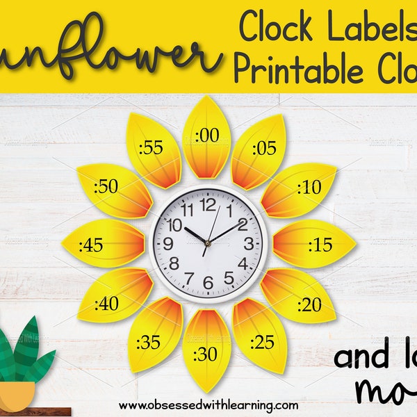 Décor de tableau d’affichage de tournesol, étiquettes d’horloge de tournesol, décoration de salle de classe, bordure de bulletin de tournesol, horloges imprimables, temps d’apprentissage