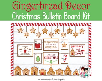 Tablón de anuncios navideño, decoración de pan de jengibre, imprimibles navideños de estilo rústico, decoraciones para tablones de anuncios, borde para tablón de anuncios, decoración de oficina