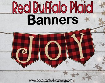 Decoración navideña con cuadros escoceses, banderines navideños, banderín con alfabeto de cuadros escoceses rojos, decoración navideña moderna de estilo rústico